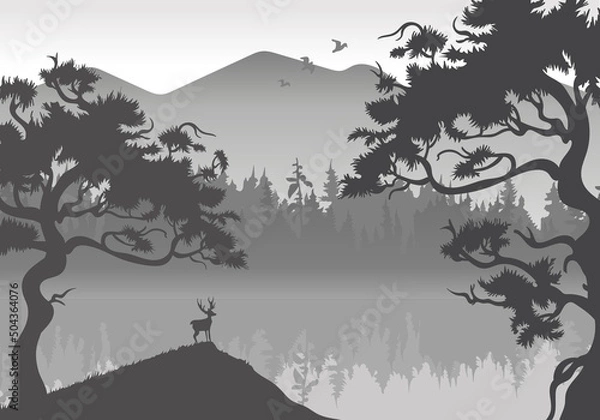 Fototapeta Winter Landscape with Pine Trees.Landscape with mountains, forest and silhouettes of trees and wild deers - vector illustration.Silhouette of animal, trees, grass. Magical misty landscape, fog.
