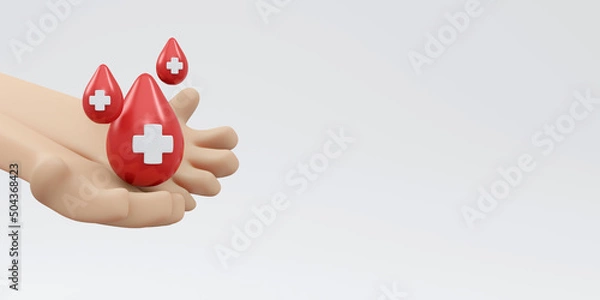 Fototapeta 3D Rendering of hand holding blood drop with red cross sign background, banner, card, poster concept of world blood donation day. 3D Render illustration cartoon style.
