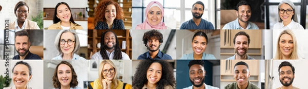Fototapeta A lot of multiethnic people looking at camera, collage of diverse colleagues, horizontal banner, multiracial workteam mosaic, crowded screen with international employees, video call screen, header