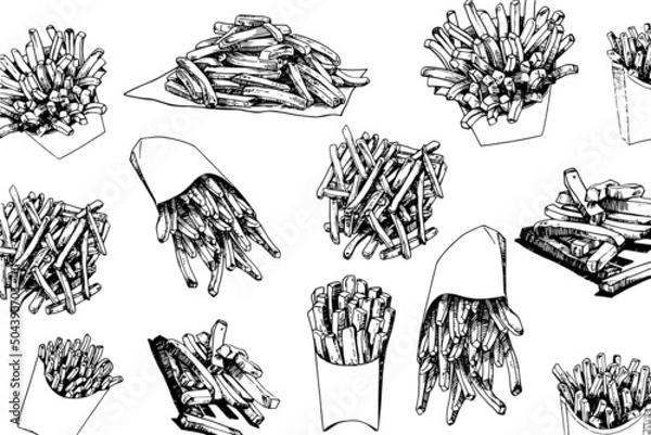Fototapeta pattern french fries, stylish food cover  for fabric, postcards, wallpapers,graphical vector illustration. Fast food and menu background design