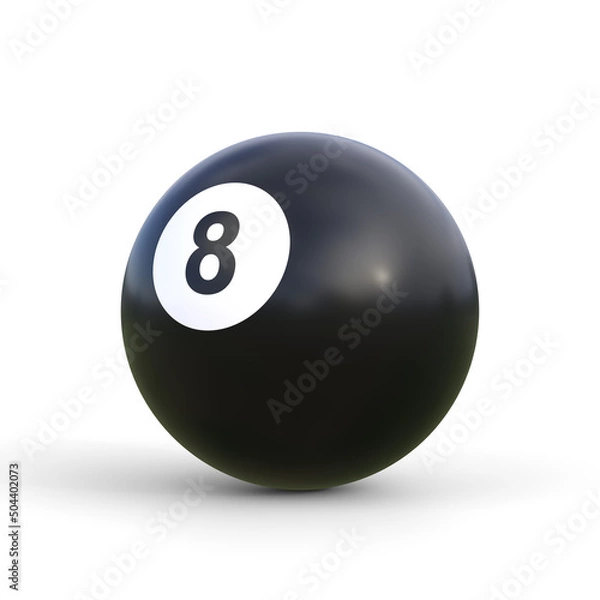 Fototapeta Billiard ball number eight black color isolated on white background. Realistic glossy snooker ball. 3D rendering 3D illustration