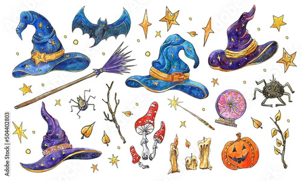 Fototapeta Set with magic hats. Watercolor illustration of a witch hats, bat,pumpkin and stars . Halloween set for original design.