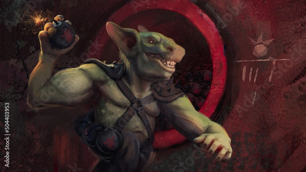 Fototapeta Digital 3D illustration of a goblin in an underground hideout throwing crafted bombs - fantasy painting