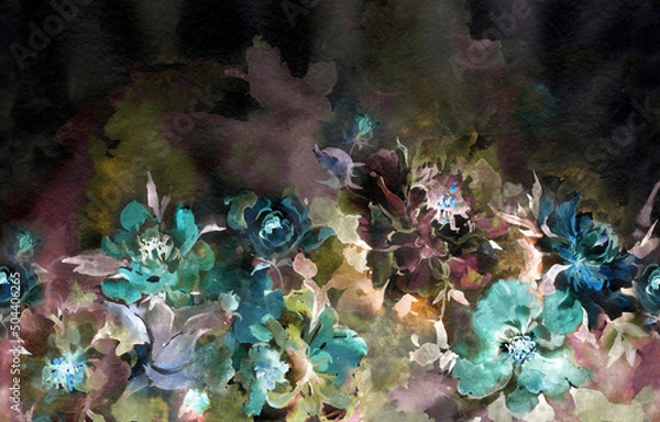 Fototapeta Piękne kwiaty piwonii z liśćmi na ciemnym tle. Bezproblemowy kwiatowy wzór, granica. Malarstwo akwarelowe. Projektowanie materiału, tapety, pościel, projektowanie kart z życzeniami