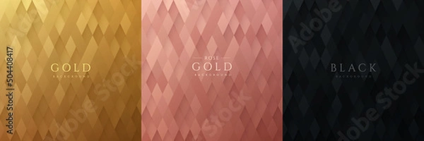 Obraz Set of golden, rose gold and black abstract rhombus shape pattern, Luxury 3D geometric pattern background. Can use for cover, artwork, print ad, poster, web banner. Simple and minimal. Vector EPS10.