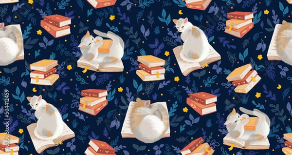 Obraz reading at night - cat - seamless pattern