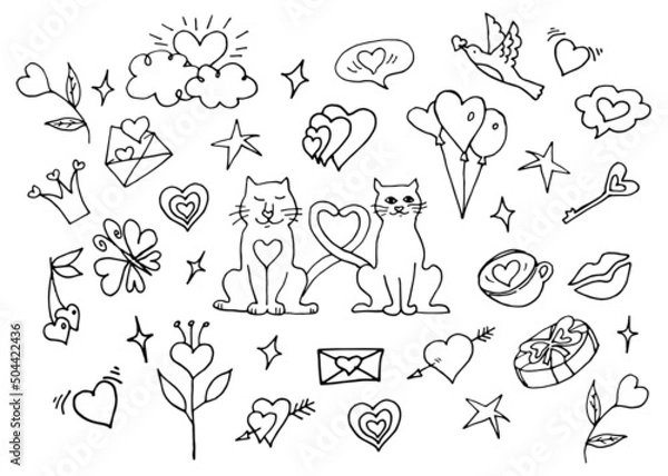 Fototapeta Set of doodles for lovers, wedding and Valentine's Day. Sketchy hand drawn doodle cute cartoon elements isolated on white background