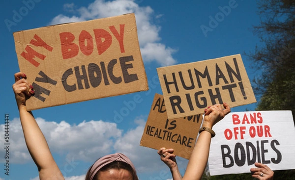 Fototapeta Protesters holding signs My Body My Choice, Human right, Bans Off Our Bodies, Abortion Is Healthcare. People with placards supporting abortion rights at protest rally demonstration.