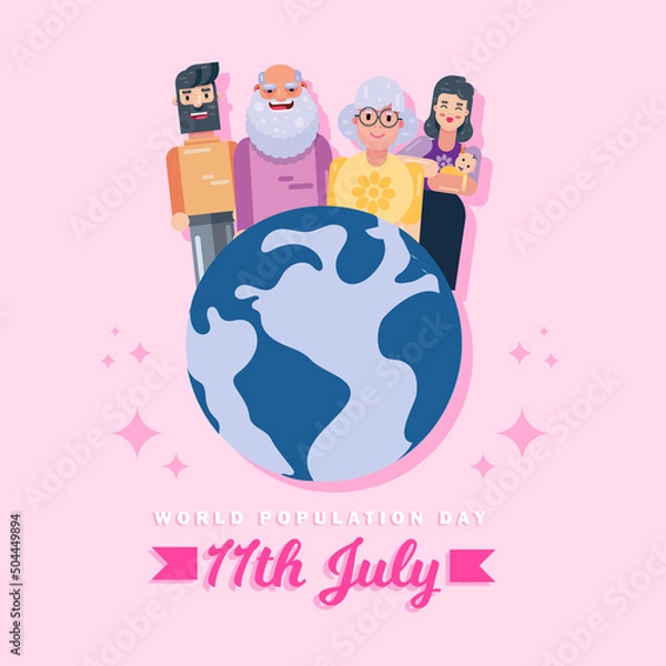 Obraz World Population Day 11th July people children men women on globe poster vector background design image