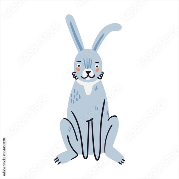 Fototapeta Cute little bunny vector illustration. Funny hand drawn rabbit character. Happy mammal animal isolated on white background. Childish t shirt print design for kids and easter