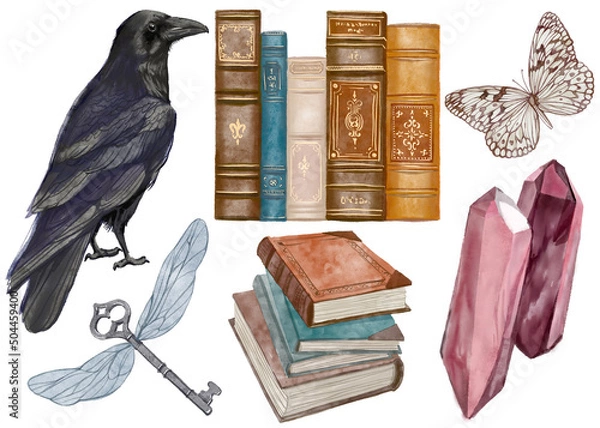 Fototapeta A set of watercolor illustrations with magical elements - crystal, sorcerer, raven, spell books, mushrooms. Mystical elements for alchemy.