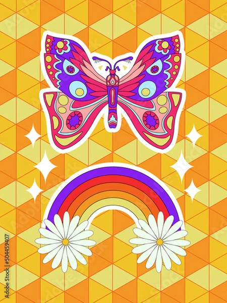 Fototapeta Psychedelic retro poster in 1960s-1970s style. Retro colorful illustration in 70s hippie style. Colorful postcard with geometric background.
