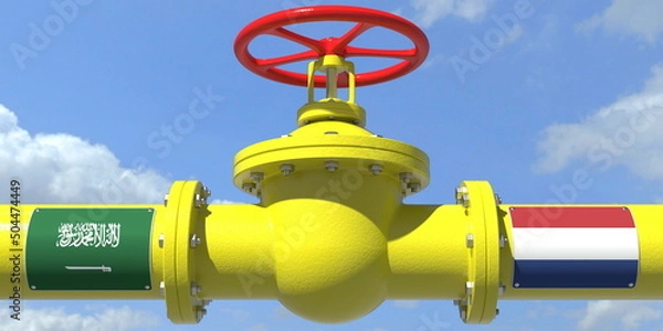 Fototapeta SAUDI ARABIA NETHERLANDS gas or oil transit concept. Pipe with valve, 3D rendering