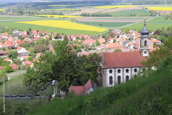 Obraz Blick auf Castell bei Kitzingen in Unterfranken im Frühling mit Kirche Weinbau Weindorf Wein
