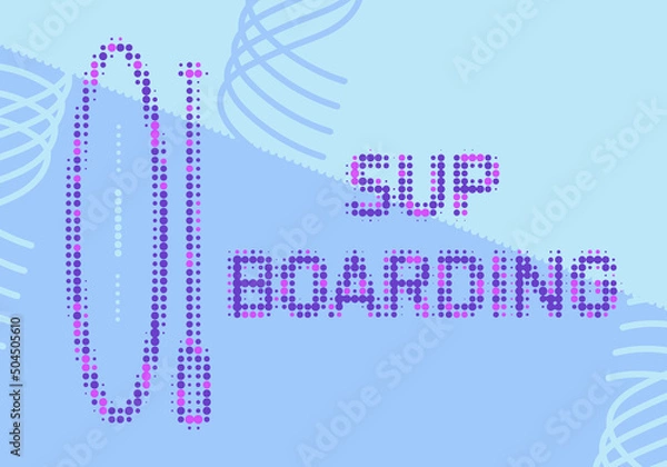 Fototapeta SUP board and stand up paddle. Dotted icon, vector logo, sports label, sticker or badge. SUP in flat design style in purple and blue colors.