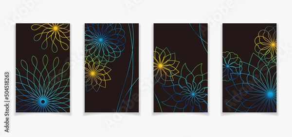 Fototapeta 曲線で描いた花柄風のカードデザインD2【黒地に黄色と青のグラデーション】