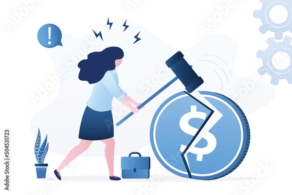 Obraz Confident businesswoman using hammer and breaks dollar coin. Refusal to Use US Currency. Lack of dependence on foreign currency. Financier or trader does not invest in currency.