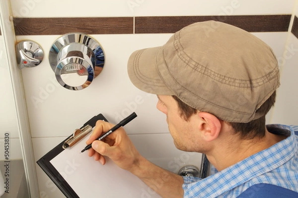 Obraz Fachmann liest Wasserzaehler ab