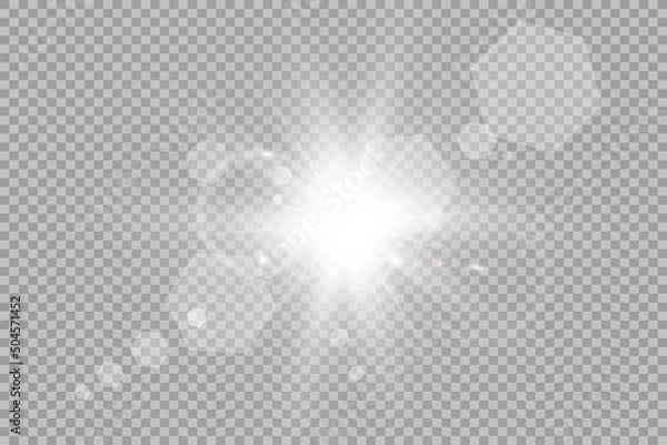 Fototapeta Special lens flash, light effect. The flash flashes rays and searchlight. illust.White glowing light. Beautiful star Light from the rays. The sun is backlit. Bright beautiful star. Sunlight. Glare.	