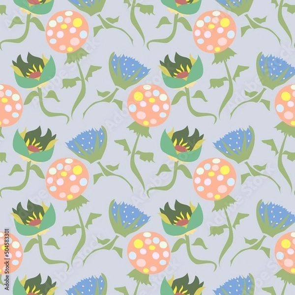 Fototapeta Pastel colored flowers vector repeat pattern in a busy style