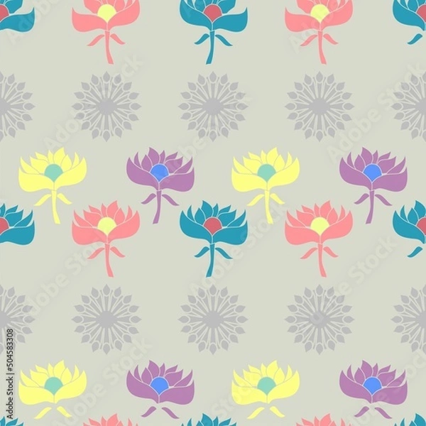 Fototapeta Multicolored flower art in a graphic style in a vector seamless pattern on grey