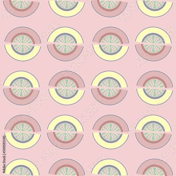 Fototapeta Yellow and pink geometric crescent shapes vector seamless repeat pattern