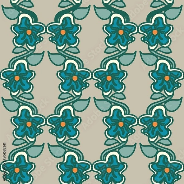 Fototapeta Turquoise floral vector seamless repeat pattern with heavy outlines and earth tone background