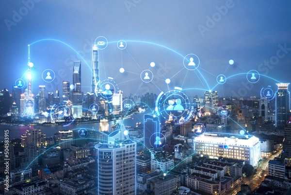 Obraz Technical picture of the concept of interconnection of all things in urban background