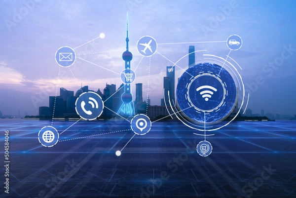 Obraz Smart city is connected with abstract points, and big data is connected with the concept of Internet economy.