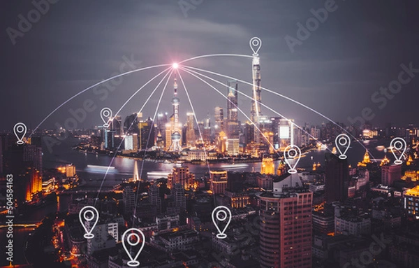 Obraz Smart city and abstract dot point connect with gradient line and aesthetic Intricate wave line design big data connection technology concept .