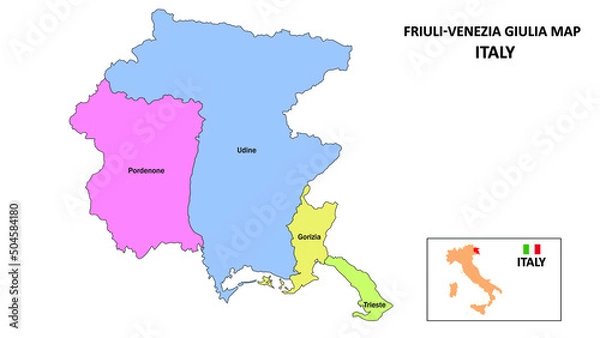 Fototapeta Friuli Venezia Giulia Map. District map of Friuli Venezia Giulia in District map of Friuli Venezia Giulia in color with capital.