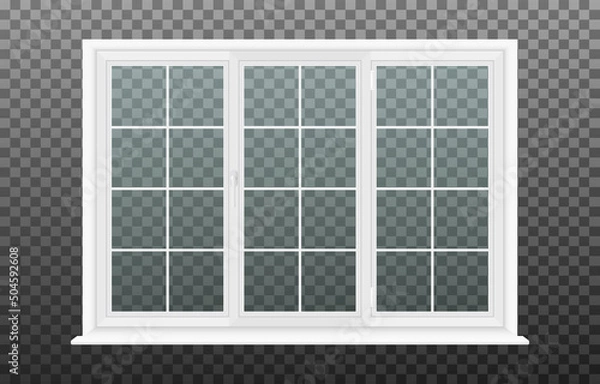 Fototapeta White triple plastic window frame on transparent background. Wide realistic closed window with slopes, windowsill and transparent glass. Mockup template for interior design. Vector illustration