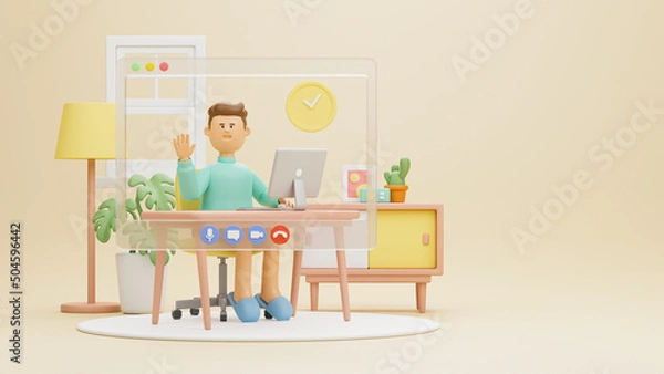 Obraz Work from home office quarantine. Freelancer character working business from home using remotely laptop computer video call online webcam conference meeting creative group. 3d rendering.