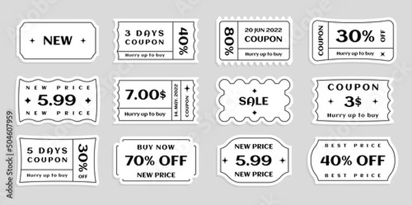 Fototapeta Set of vector tickets, price tags and coupons of unusual shapes, promotions with special discount offers