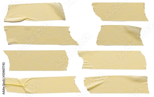 Fototapeta Set of yellow tapes. Torn horizontal and different size yellow sticky tape, sticky pieces isolated on white background.