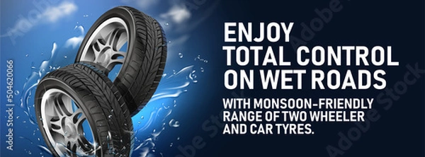 Fototapeta Tyre banner. ENJOY TOTAL CONTROL ON WET ROADS. Car tire background. Vector wheel desidn template. Grunge tire tracks background for landscape poster, digital banner, flyer, booklet, brochure and web.