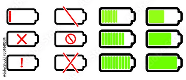 Obraz Battery icons. Phone charge level, UI design elements of battery percentage, full low and empty battery status. Vector isolated set phone power from low to full charging