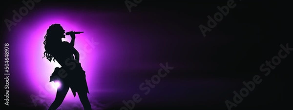 Fototapeta Singer under the glowing multicolor Bright Lights. Original Vector Illustration. Silhouette of a female singing with pink spotlights in the background. Ideal for Live Music Concept