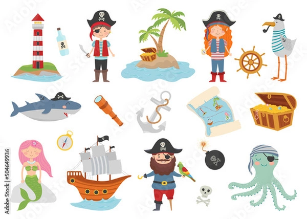 Obraz Pirate cartoon character set, flat style. Pirate, treasure island, shark, octopus, seagull, mermaid, ship and lighthouse.
