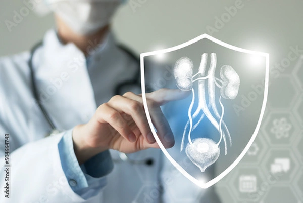 Fototapeta Unrecognizable female doctor holding shield and graphic virtual visualization of Bladder and Kidneys organ in hands.