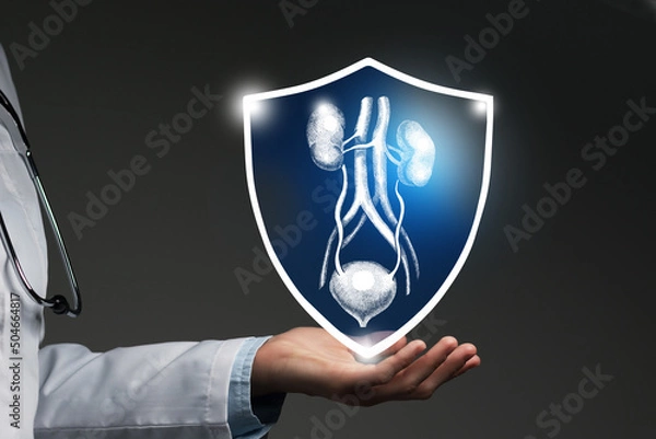 Fototapeta Unrecognizable female doctor holding shield and graphic virtual visualization of Bladder and Kidneys organ in hands.
