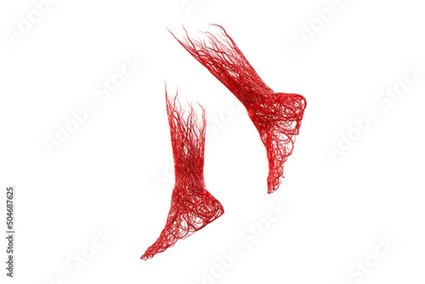 Fototapeta 3d foot and leg red blood veins arteries, aorta knit tangled white background. vascular disease is varicose veins. venous system of the foot anatomy, clinical aspects. clipping path. 3D Illustration.
