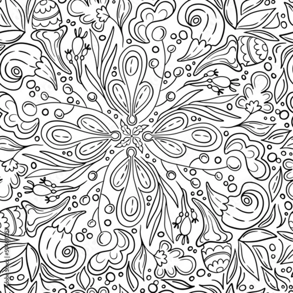 Fototapeta Vector seamless black and white pattern with flowers and leaves in lineart style
