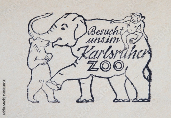 Fototapeta briefmarke stamp frankierung post letter mail brief zoo karlsruhe werbung slogan papier paper vintage retro old alt elefant bär affe monkey bear