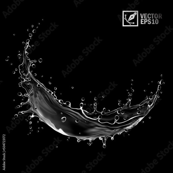 Fototapeta 3D realistic transparent isolated vector splash of water with drops in the form of a circle or vortex on black background