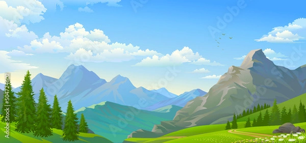 Fototapeta A landscape consisting of a range of large mountains overlooking the vast meadows.