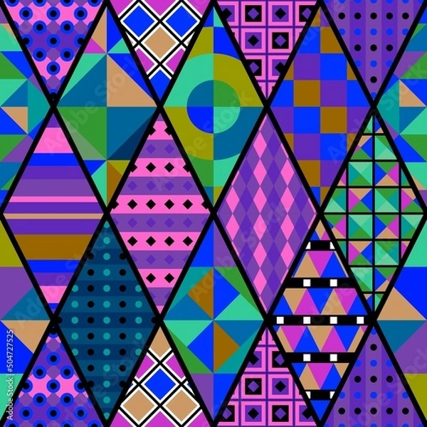 Fototapeta Seamless colorful bright patchwork pattern with geometric ornaments. Vector image.