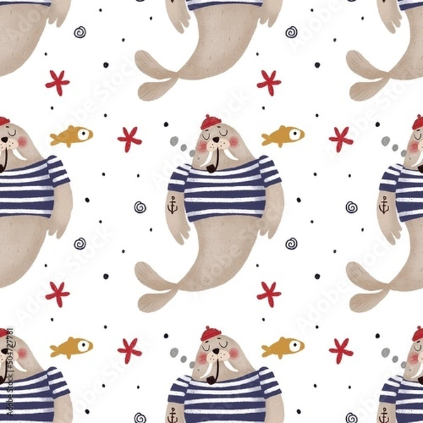 Fototapeta Pattern with walrus and fish 