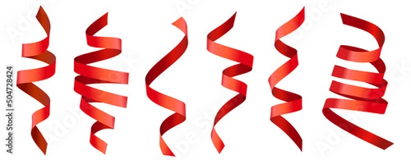 Fototapeta Vector set of holiday illustration of curled red ribbon isolated on white color background. Creative realistic style design of romantic curled red ribbon
