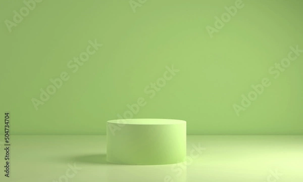 Fototapeta Blank podium for product . Mock up winner podium  cylinder block, 3d render illustration, pedestal isolated on  pea green pistachio lime background, abstract minimal concept